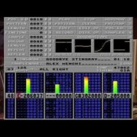 Amiga ProTracker med mönsterdata, ljudkanaler och färgade nivåstaplar